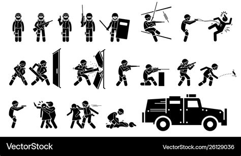 Swat special weapons and tactics icons stickman Vector Image