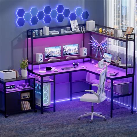 CORNER GAMING DESK Home Office Desk with Hutch and LED Lights Computer ...