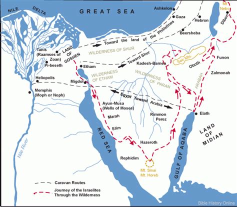 Map of the Route of the Exodus of the Israelites from Egypt - Bible History