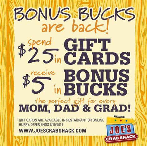 Joe's Crab Shack: $5 Bonus Bucks with $25 Gift Card Purchase - al.com