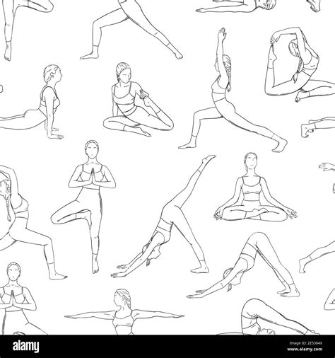 Yoga asanas in seamless pattern. Women practicing yoga asanas design for backgrounds and ...