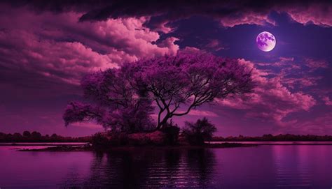 Premium AI Image | A purple moon over a lake with a tree in the foreground