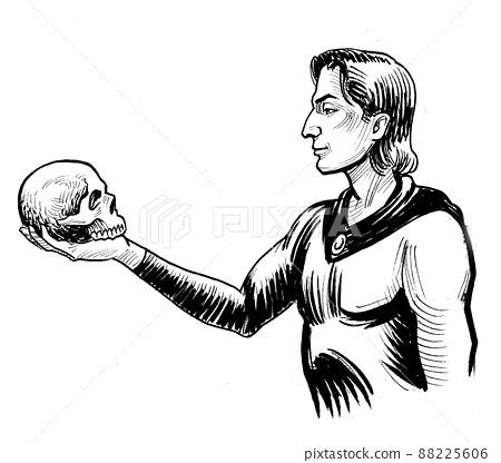 Hamlet with a skull. Ink black and white drawing - Stock Illustration ...