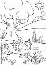 Coloring Pages Cute duck Runs From The pond There Are Tree Flowers  sketch template