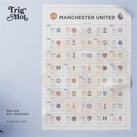 Manchester United EPL 2022 2023 Fixture Poster Man Utd Premier League Schedule English Football ...