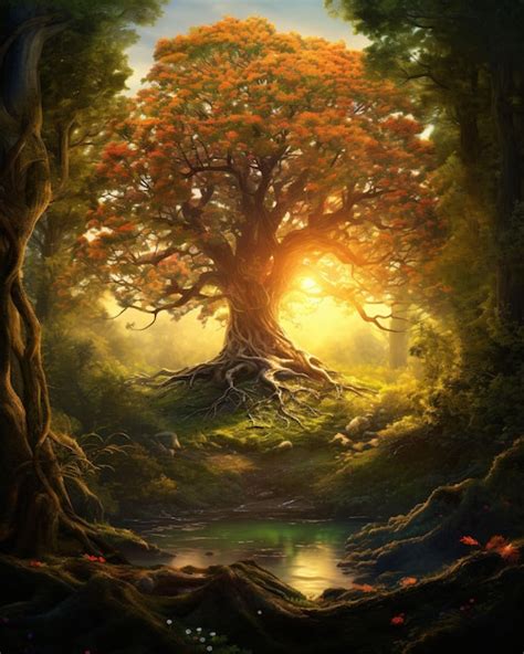 Premium Photo | Beautiful great tree of life in a nature fantasy background with intensive sunlight