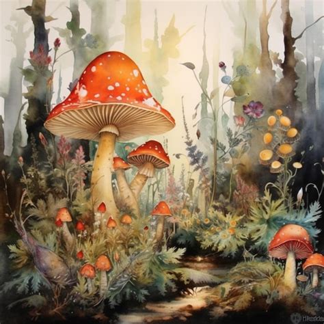 Premium AI Image | A painting of a forest scene with a red mushroom and ...