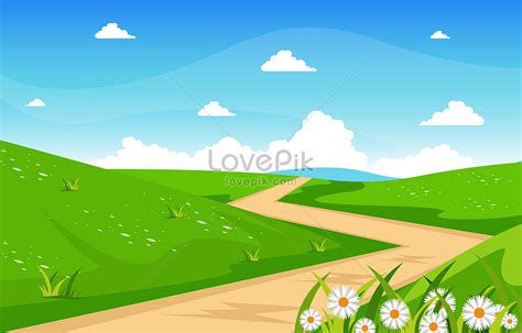 Beautiful green grass and blue sky nature landscape vector illustration ...