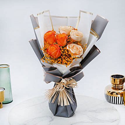 Online Orange and Peach Roses Bouquet Gift Delivery in UAE - FNP