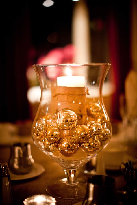 DIY centerpieces with birch wrapped candle and gold & silver ball ...