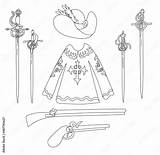 Musketeer Cloak Hat Antique Swords Muskets And Pistol Isolated On A  sketch template