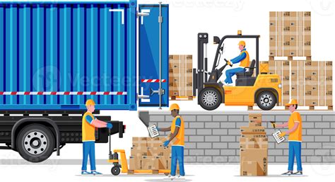Forklift loading pallet boxes into lorry truck 35744041 PNG