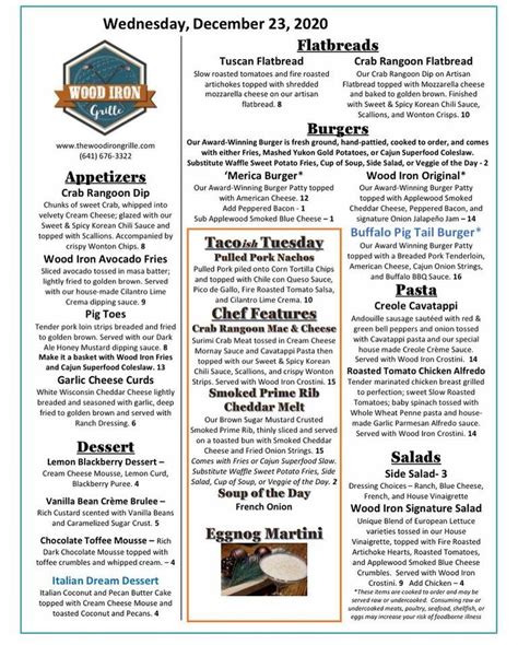 Menu at Wood Iron Grille pub & bar, Oskaloosa