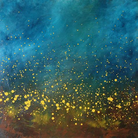 Chasing Fireflies II turquoise blue aqua yellow modern art mid