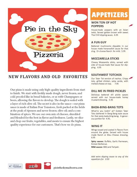 Pie in the Sky Menu, Menu for Pie in the Sky, Madison, Charlottesville ...