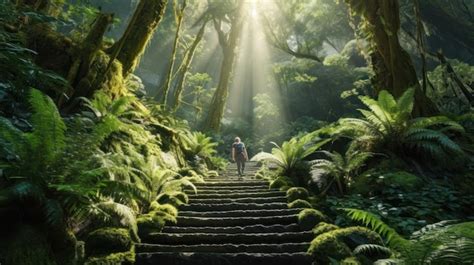 Premium AI Image | A man walks up a jungle path with a jungle scene in the background.