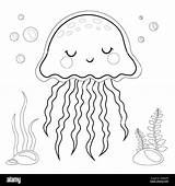 Illustration Featuring An Coloring Cute Jellyfish Page Vector  sketch template
