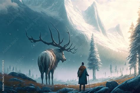 Hunter tracking Giant elk. Fantasy scenery. concept art. winter ...