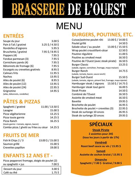 Notre Menu | Restaurant Brasserie de l'Ouest