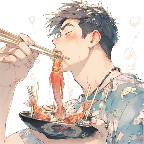 Premium AI Image | a drawing of a man eating sushi with chopsticks.