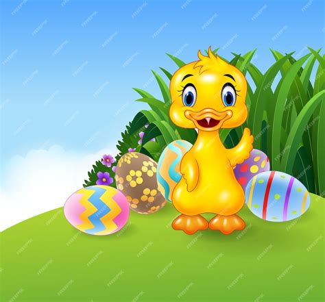 Premium Vector | Cute little duck with colourful Easter eggs