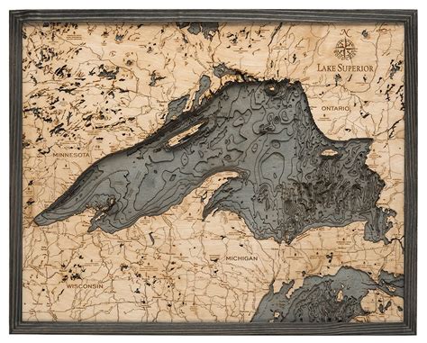 Lake Superior Wood Carved Topographic Depth Chart / Map - Gray