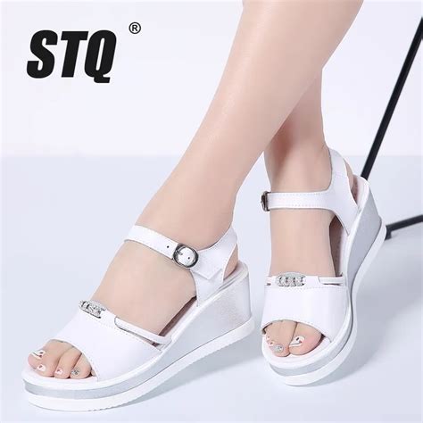 STQ 2019 Women sandals white flat wedge sandals Summer ladies peep toe ...