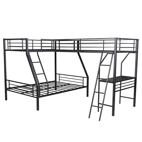 VOGU Metal Triple Bunk Beds, Twin Over Full Bunk Bed Attached Twin Loft Bed with Desk, L-Shape ...