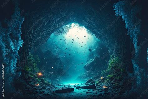 mysterious dark underwater cave with reefs journey to bottom of sea ...