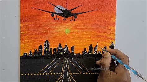 Airplane takeoff painting|Acrylic painting for beginners|Silhouette painting|Airplane at sunset ...