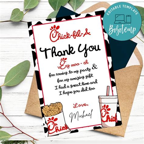 Chick fil a Thank you card Customizable Template DIY | Bobotemp