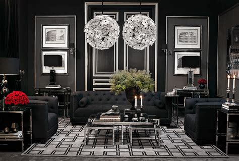 Art Deco Style Black and Red living room decor with black tufted sofa ...
