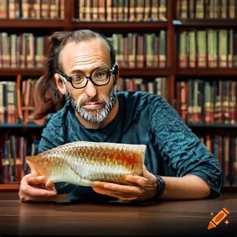Nicholas cage-fish hybrid in a library on Craiyon