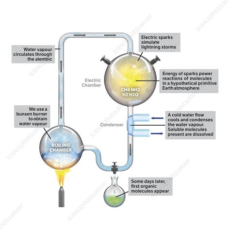 Miller-Urey experiment, illustration - Stock Image - C027/7734 - Science Photo Library