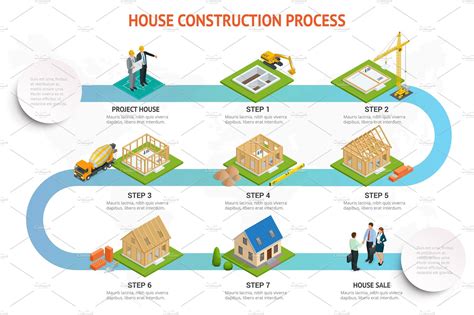 Infographic construction of a blockhouse. House building process. Foundation pouring ...