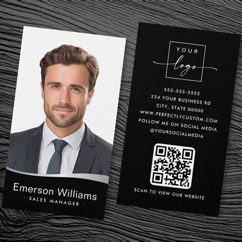 Logo faux silver wave photo QR black business card - Perfectly Custom