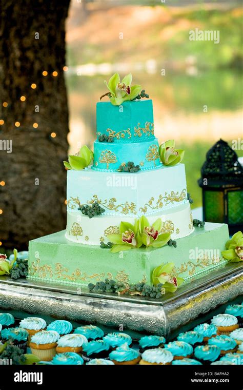 wedding cake, cake, blue, green, bright, color, orchid, cupcake ...