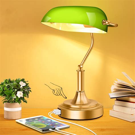 Bankers Lamp with 2 USB Ports, Touch Control Green Glass Desk Lamp with ...