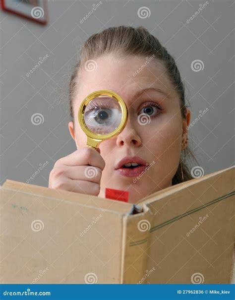 Woman Reading a Book with Magnifying Glass Stock Photo - Image of education, discovery: 27962836