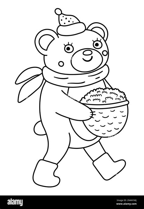 Cute black and white bear carrying basket with berries. Vector outline autumn character isolated ...