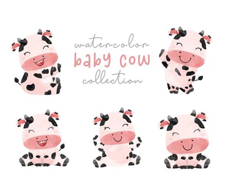 cute baby cow girl hand drawn cartoon watercolour set, farm animal character illustration vector ...