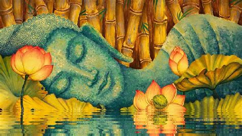 RELAXING BUDDHA on water lily pond Buddhism Painting in Oil for Sale