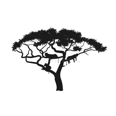 Black Silhouette of African Tree with Lions. Isolated Image of Savannah ...