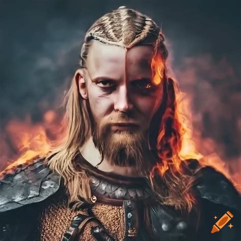 A portrait of a viking in armor, with dark blonde hair, grey eyes, realistic, colourful, high ...