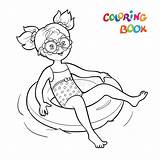 Coloring Page Happy Girl Swim On Rubber Rings In The Water Stock  sketch template