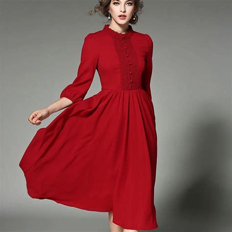 2017 Spring Women Elegant Dress Chiffon Fabric Red Color Fashion Style Long Sleeve Large Female ...