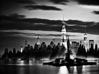 Stunning Black And White Panoramic City Skyline Of New York With Statue Of Liberty And Manhattan ...