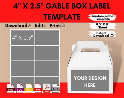 Gable Box Label Template, 4 X 2.5, Blank Party Favor Gift Box Label Template, Svg, Png, Psd, Dxf ...