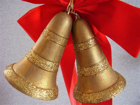 Plastic Gold Glittered Hanging Christmas Bells Red Bow - Bells