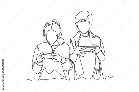 Continuous one line drawing Two little boys using smartphones to play mobile games. Hangouts ...